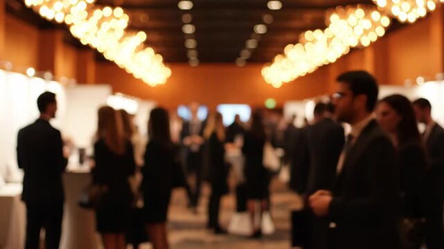 Corporate Event Networking - Blurred shot of a corporate networking event with attendees mingling in a large hall. Soft lighting from ceiling fixtures creates a warm, professional atmosphere.