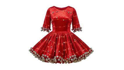 Luxury Bright Red Velvet Holiday Mini Dress with Silver Ornaments Product Shot isolated PNG with Transparent Background