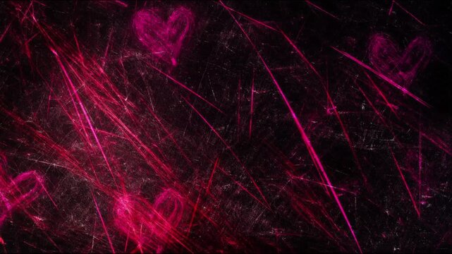 Grunge Fast Motion Background With Scribbled Red Hearts, Scratchy Noise Texture For Valentine Day Overlay, Dark Retro Romantic Animation For Video Editing