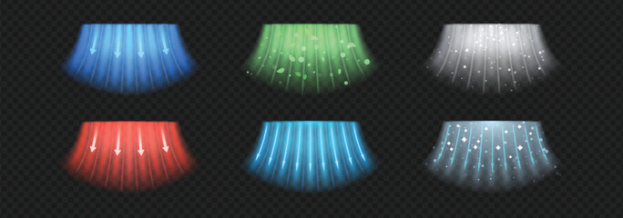 Air flow vector set, arrows wind direction of air movement, cold and hot streams, dynamic blurred flow with particles