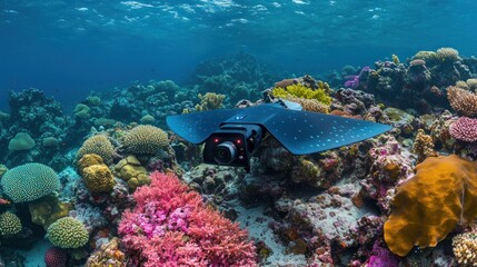 Autonomous coral reef surveyor, shaped like a flatfish, gliding over colorful corals, high-resolution cameras active, scientific documentation