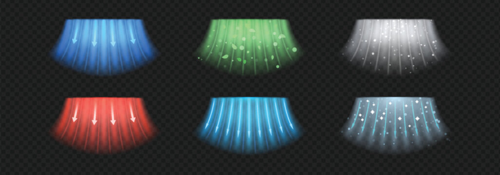 Air flow vector set, arrows wind direction of air movement, cold and hot streams, dynamic blurred flow with particles