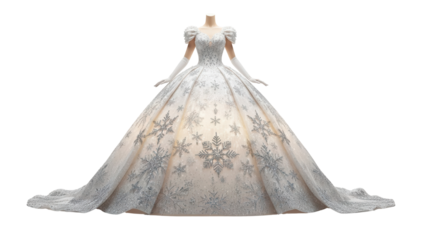 Luxury White Winter Ball Gown with Sparkling Silver Snowflake Embroidery and Puffed Sleeves isolated PNG with Transparent Background