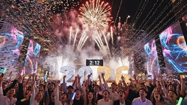 New Year's Eve Celebration 2026 - A large crowd cheers as confetti falls and fireworks explode during a New Year's Eve celebration with large 2026 figures on display and a countdown clock.