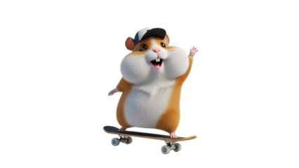 Energetic 3D Hamster Mascot Character Riding Skateboard and Waving isolated PNG with Transparent Background