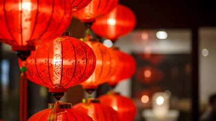 Colorful red Chinese lanterns hanging in festive decoration  