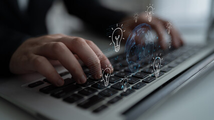 Concept of global innovation and shared knowledge. A network of creative ideas and brainstorming...