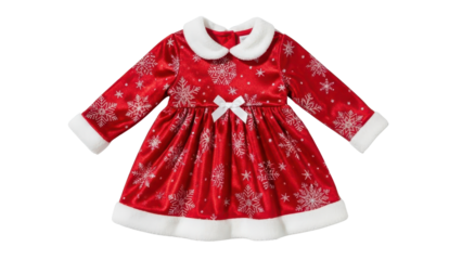 Adorable Red Velvet Toddler Christmas Dress with Snowflake Print and White Fur Trim isolated PNG with Transparent Background