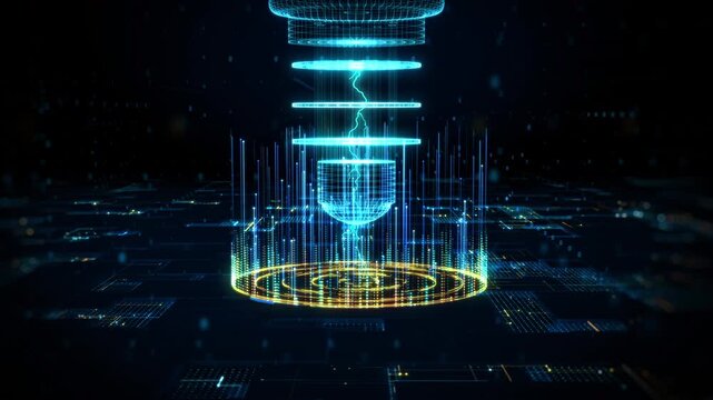 Holographic quantum processor core with futuristic data streams and digital circuits, ideal for AI, computing, and innovation themes.