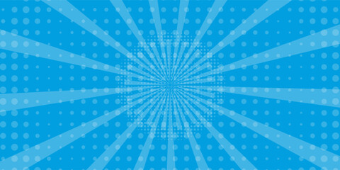 Obraz premium Comic background. Pop art texture. Starburst cartoon style. Anime design with explosion effect for print. Fun dot pattern. Blue backdrop with halftone gradient.