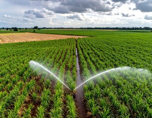 Aerial view of a field, irrigation system spraying crops under cloudy skies