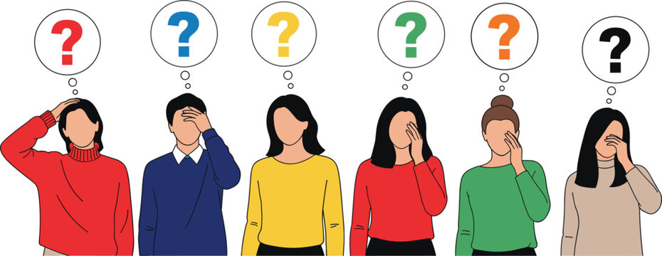 Confused people thinking illustration set with question marks problem solving doubt stress and decision making concept