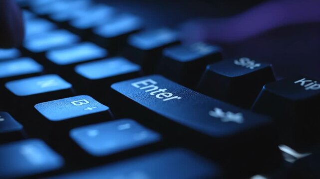 Close-up of Illuminated Computer Keyboard - This video captures a close-up view of a computer keyboard, focusing on the illuminated "Enter" key.