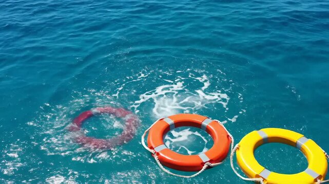 Colorful lifebuoys floating in blue ocean.