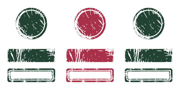Rubber stamp set, featuring round and rectangle grunge frames with vintage texture, empty space, retro natural style and clean vector illustration elements for labels, badges and packaging.