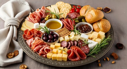 Gourmet Charcuterie Board with Assorted Meats Cheeses Olives and Crackers.