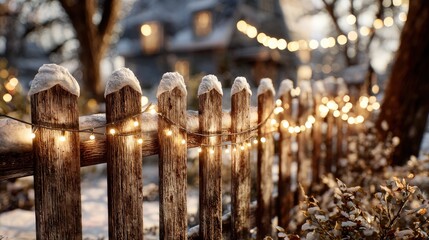 Wooden garden fence topped with snow is adorned with warm glowing string lights in a winter setting
