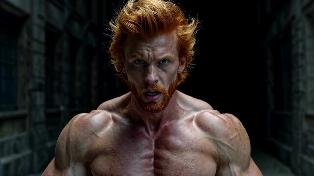 Red-haired muscular man shows off his muscles outdoors