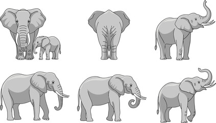 Cute cartoon elephant character set showing multiple poses views and baby elephant wildlife flat vector illustration