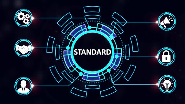 Standard operating procedure concept. Businessman use laptop with virtual SOP icons for the standard operating procedure with instruction, quality, process, operation, sequence, workflow.