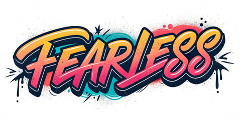 Fearless Graffiti Style Text With Bold Hand Drawn Lettering, Neon Gradient Colors And Paint Splashes. Urban Street Art Quote For Motivation, Fashion Branding, Posters, Prints And Social Media Design.