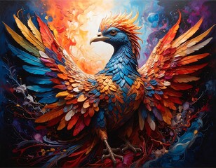 Fototapeta premium A vibrant mythological bird in a flurry of color and cosmic splendor
