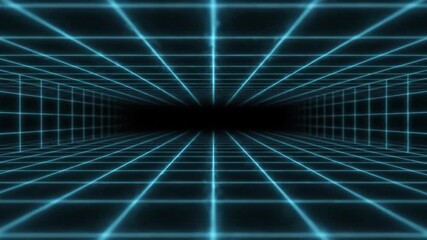 Neon blue grid lines radiate from a dark center in a futuristic digital tunnel with a black background and glowing blue lines. - Powered by Adobe