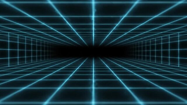 Neon blue grid lines radiate from a dark center in a futuristic digital tunnel with a black background and glowing blue lines.