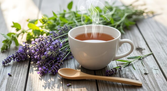 Steaming herbal tea with fresh lavender and herbs on a rustic wooden table. - Powered by Adobe
