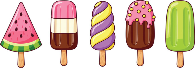 Cute ice cream popsicle illustration set with fruity chocolate and colorful frozen dessert treats flat vector design