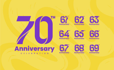 Colorful anniversary celebration logotype set. 61, 62, 63, 64, 65, 66, 67, 68, 69, 70