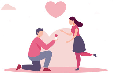 Romantic gesture: a man on one knee presenting hearts to a woman as a symbol of love