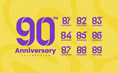 Colorful anniversary celebration logotype set. 81, 82, 83, 84, 85, 86, 87, 88, 89, 90