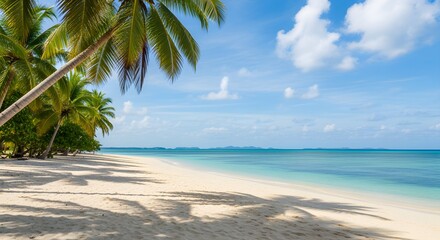 Tropical paradise beach with palm trees and turquoise ocean under a blue sky.