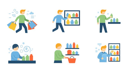 People shopping and managing products in a retail environment - a collection of flat design illustrations