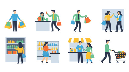 People shopping in various retail scenarios, including checkout, browsing, and carrying bags