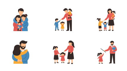 Loving family moments and parental care with children in diverse flat design illustrations