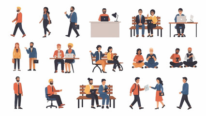 Diverse Business Professionals Working and Interacting in Various Settings - A Modern Illustration Set