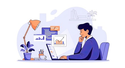 Fototapeta premium Young professional working remotely on a laptop, analyzing business data with charts and graphs, showcasing productivity and digital strategy in a modern workspace