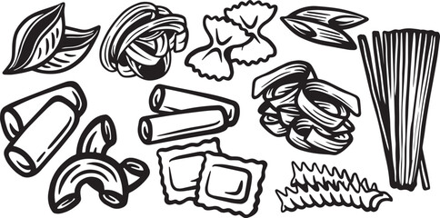 Set of black and white Italian pasta line illustrations ideal for culinary designs, menus, packaging, logos and food branding.