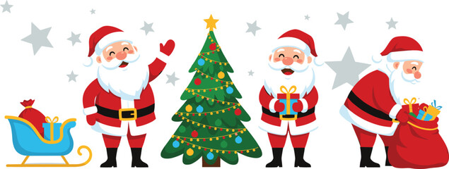 Cute Santa Claus character set with Christmas tree sleigh gifts and festive holiday decorations cartoon flat vector illustration