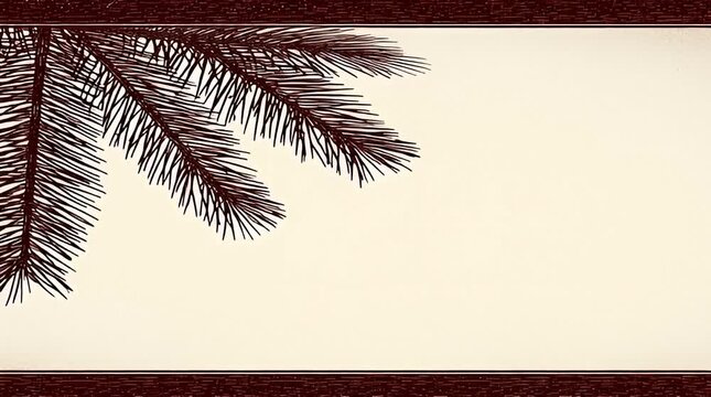 Vintage-style graphic of a fir tree branch creating a festive border on a warm, textured background for winter holiday designs
