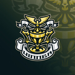 Winner mascot logo design vector. Winner trophy illustration for sport and esport team.
