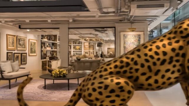 Large leopard sculpture in art gallery with exhibition hall and windows