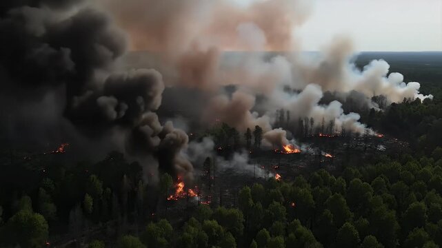Aerial view of intense wildfire burning dense forest with thick smoke.