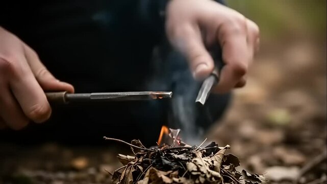 Close up of hands striking a ferro rod to create sparks and start a fire outdoors.