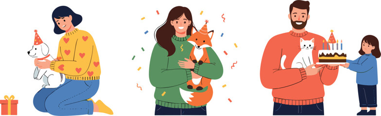 Family celebration illustration set with people and pets showing birthday party gifts cake and joyful moments flat vector design