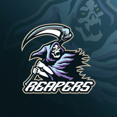 Reaper mascot logo design vector. Angry reaper illustration for sport team.