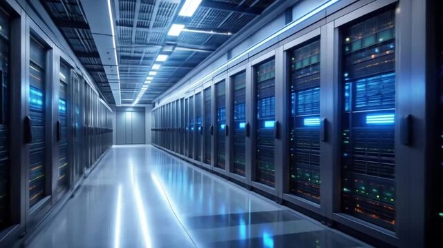 Modern Data Center Server Room with Technology Equipment.
