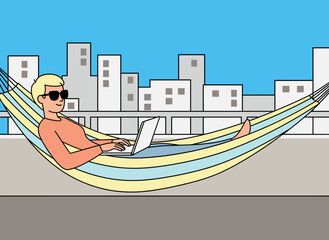 Illustration of a relaxed blonde person working remotely on a laptop in a hammock on an outdoor balcony, Concept of digital nomad and remote work